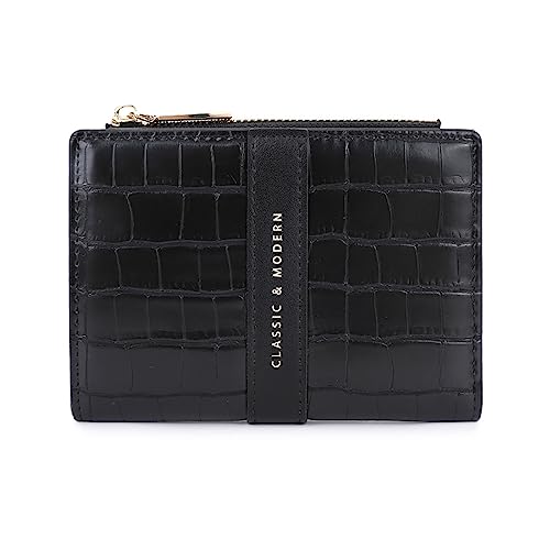 Vllcsla Damen Portemonnaie Kurz Kleine Größe mit Fotofenster, Mini Portemonnaie für Damen für Karten mit Reißverschlusstasche, Damen Kleine Bifold Leder Geldbörsen/Brieftaschen (Schwarz) von Vllcsla