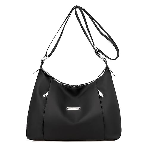 Vllcsla Damen Nylon Umhängetasche Schultertasche Mittelgroße, 11.42" x 8.27" x 4.33", Stoff Elegant Cross Body Bag mit Reißverschluss, Frauen Umhängetasche Wasserdichte Leicht, Schwarz von Vllcsla