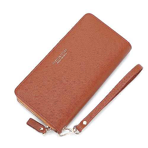 Vllcsla Geldbörsen für Damen Leder Lange Brieftasche mit Reißverschluss Rundum - Damen Geldbörse Clutch Halter Etui Münzreißverschluss Lange Geldbörse mit Abnehmbarem Armband (Braun) von Vllcsla