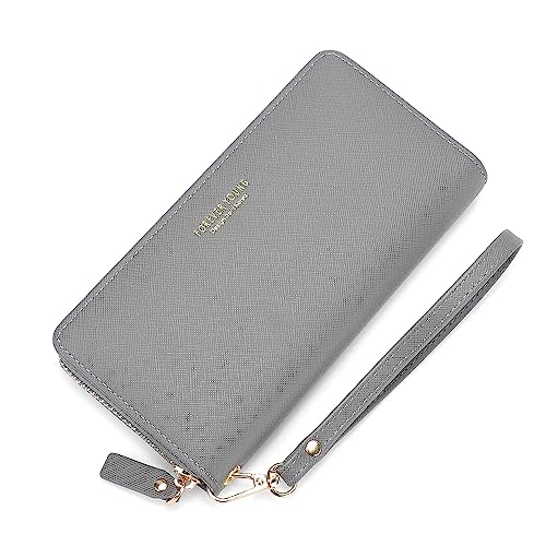 Vllcsla Geldbörsen für Damen Leder Lange Brieftasche mit Reißverschluss Rundum - Damen Geldbörse Clutch Halter Etui Münzreißverschluss Lange Geldbörse mit Abnehmbarem Armband (Grau) von Vllcsla