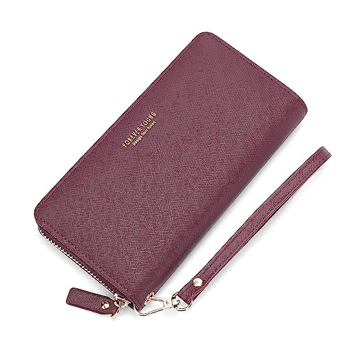 Vllcsla Geldbörsen für Damen Leder Lange Brieftasche mit Reißverschluss Rundum - Damen Geldbörse Clutch Halter Etui Münzreißverschluss Lange Geldbörse mit Abnehmbarem Armband (Rot) von Vllcsla