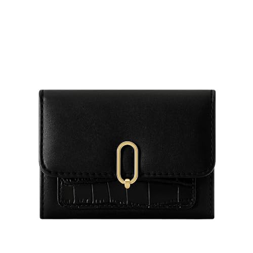 Vllcsla Kurze Damen-Brieftasche PU-Leder Kompakte dreifach gefaltete Brieftasche für Studentinnen, kleine Damen-Geldbörse mit Reißverschluss-Münzfach und Ausweisfenster (Schwarz) von Vllcsla