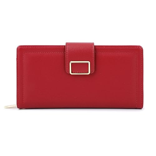 Vllcsla Leder Brieftasche für Damen Medium Bifold Long Portemonnaie mit 10 Kartenfächern und Foto-/ID-Fenster, Damen PU Leder Lange Geldbörse zum Verschenken (Rot) von Vllcsla