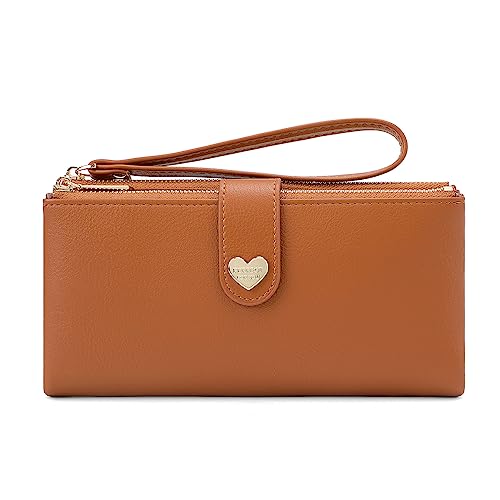 Vllcsla Leder Geldbörse für Damen Bifold Lange Geldbörse Slim mit Reißverschluss, Damen Geldbörse Geldbörsen Weiches Leder Lange Clutch mit abnehmbarem Armband (Braun) von Vllcsla