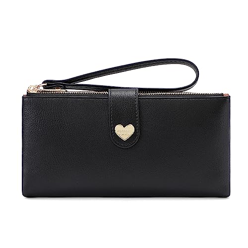 Vllcsla Leder Geldbörse für Damen Bifold Lange Geldbörse Slim mit Reißverschluss, Damen Geldbörse Geldbörsen Weiches Leder Lange Clutch mit abnehmbarem Armband (Schwarz) von Vllcsla