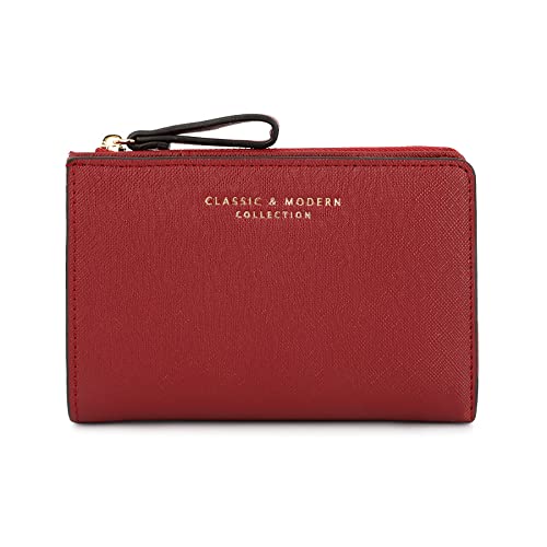 Vllcsla Portemonnaie für Damen Slim mit Reißverschluss Leder Portemonnaie für Damen Medium mit 12 Kartenfächern und Reißverschlusstasche, Damen Kleine Bifold Leder Geldbörsen (Rot) von Vllcsla