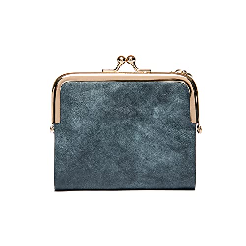 Vllcsla Portemonnaie für Frauen Clip Schnalle Vintage Kleine Größe Niedliches Leder Portemonnaie mit Reißverschlusstasche für Täglichen Gebrauch - Damen Kurze Geldbörse Kompakte Clutch (Blau) von Vllcsla