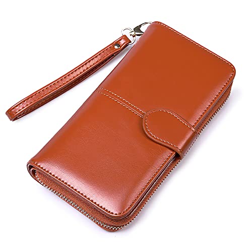 Vllcsla Portemonnaie Frauen PU-Leder Große, 19x3.5x10 cm, Damen Geldbörse mit Handytasche Notizfächern Fotofenster, Reißverschluss, Große Kapazität Clutch mit Armband, Abnehmbarem, Braun von Vllcsla
