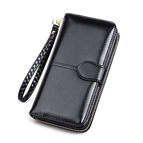 Vllcsla Portemonnaie für Frauen PU-Leder Große Kapazität Clutch mit Abnehmbarem Armband - Retro Geldbörse mit Reißverschluss mit Handytasche, Notizfächern und Fotofenster (Schwarz) von Vllcsla