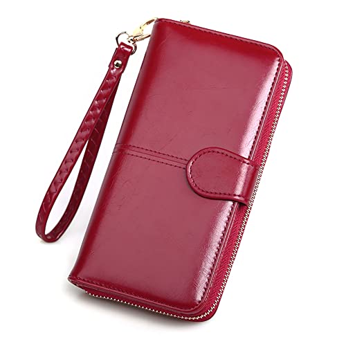 Vllcsla Portemonnaie für Frauen PU-Leder Große Kapazität Clutch mit Abnehmbarem Armband - Retro Geldbörse mit Reißverschluss mit Handytasche, Notizfächern und Fotofenster (Weinrot) von Vllcsla