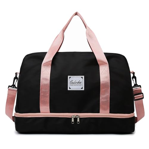 Vllcsla Sporttasche 38.4L Reisetasche Damen Groß, mit Schuhfach & Nasstasche, Reisetasche Handgepäck Weekender, Fitnesstasche Gym Wasserdicht Schwimm Tasche, mit Langem Riemen, Schwarz von Vllcsla
