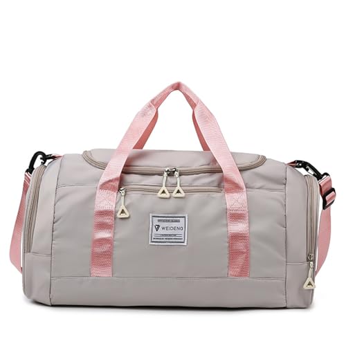 Vllcsla Sporttasche Damen Klein 53x22x24 cm, mit Nassfach & Schuhfach, 28L, Trainingstasche Duffle, Sport Gym Tasche Damen Fitnessstudio, Reisetasche Weekender Handgepäck, Umhängetasche, Rosa Grau von Vllcsla