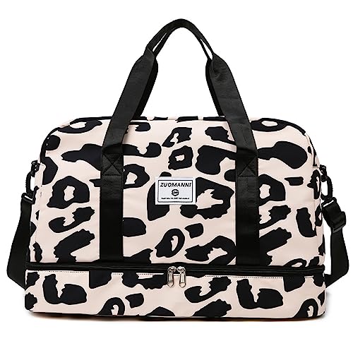 Vllcsla Sporttasche Damen Reisetasche 42.43L, Trainingstasche Damen für Kurze Reisen mit Schuhfach Nassfach, Wochenendtasche Groß Weekender Zebra-Aufdruck Leopard, Wasserdicht, Beige, A von Vllcsla