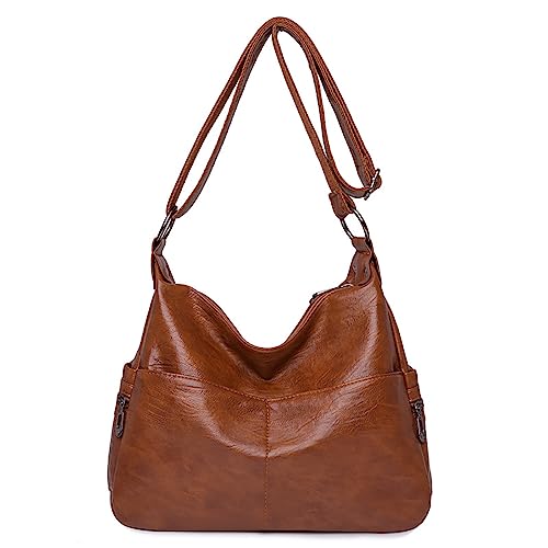 Vllcsla Schultertasche Damen Mittelgroße PU Leder, 32x12x25 cm, Umhängetasche Damen 2 Reißverschluss Fächern, Klassische Umhängetasche Damen Henkeltaschen, Verstellbarem Schultergurt, Braun von Vllcsla