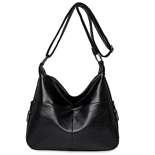 Vllcsla Schultertasche Damen Mittelgroße PU Leder, 32x12x25 cm, Umhängetasche Damen 2 Reißverschluss Fächern, Klassische Umhängetasche Damen Henkeltaschen, Verstellbarem Schultergurt, Schwarz von Vllcsla