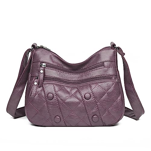 Vllcsla Umhängetaschen Leder für Damen mit 2 Reißverschlussfächern und Weiteren 3 Reißverschlusstaschen - Damen Vintage Mittelgroße Umhängetasche Handtasche mit Verstellbarem Riemen (Lila) von Vllcsla