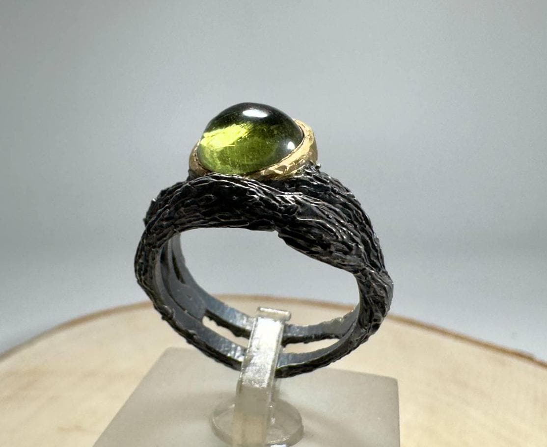 Handgemachte Moldavit Ring, Oxidiertes Sterling Silber, Meteorit Edelstein von Vltavin