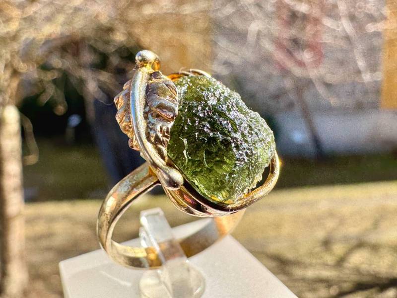 Handgemachter Moldavit-sterlingsilber-Ring Roher Kristalledelstein von Vltavin