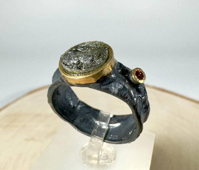 Handgemachter Sterling Silber Moldavit Ring Echter Tektit Edelstein von Vltavin
