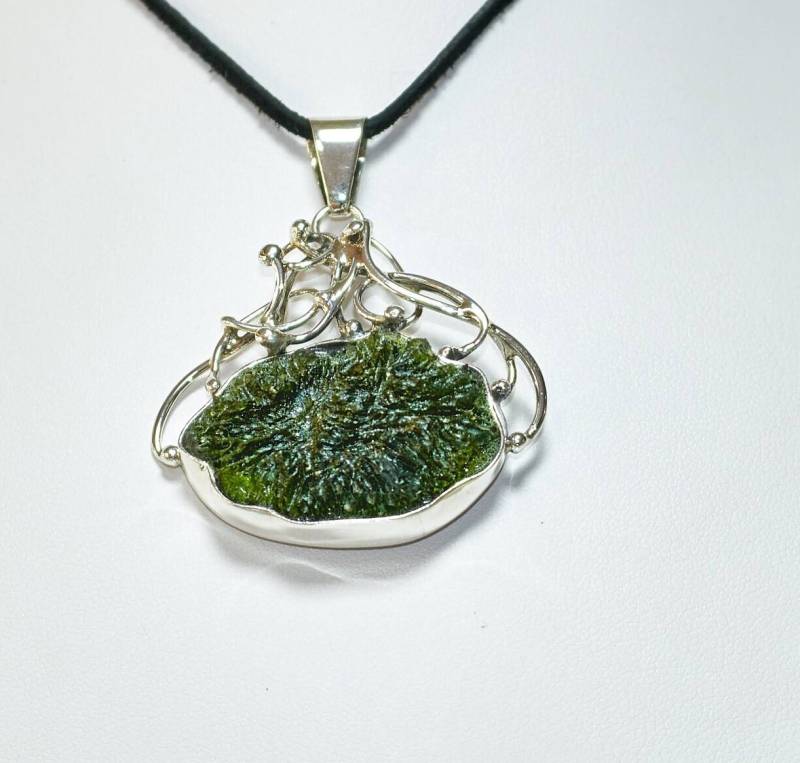 sterling Silber Moldavit Anhänger Rohe Tektit Meteorit Halskette von Vltavin