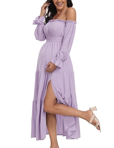 Schulterfreies Boho-Umstandskleid, langärmelig, seitlich geschlitzt, fließende A-Linie, gestuftes Maxikleid für Babyparty, Fotoshooting, Flieder, Mittel von VmSlyii