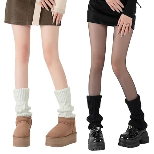 Vmhkjo Beinstulpen Damen Knöchelwärmer Winter Gestrickte Beinwärmer für Mädchen Frauen Y2k Warme Knie Hoch Stulpen Stiefelmanschetten Legwarmers,2PCS Weiß+Schwarz von Vmhkjo