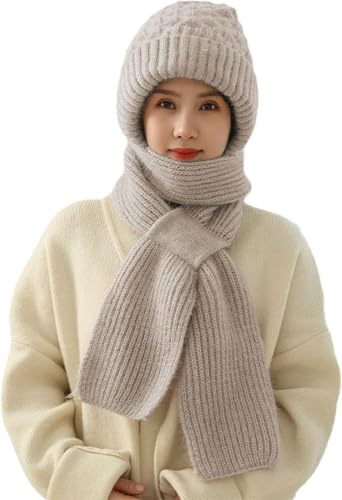 Vmhkjo Integrierter Gehörschutz Winddichte Mütze Schal,2 in 1 Winddichter Mützenschal Niedlich Mütze Schal Set Damen mit Brosche Winter Warm Strickmütze,Kapuzenschal für Frauen von Vmhkjo