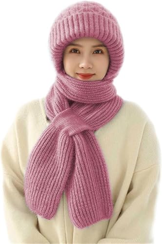 Vmhkjo Integrierter Gehörschutz Winddichte Mütze Schal,2 in 1 Winddichter Mützenschal Niedlich Mütze Schal Set Damen mit Brosche Winter Warm Strickmütze,Kapuzenschal für Frauen von Vmhkjo