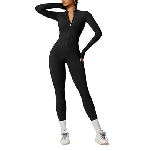 Vmhkjo Jumpsuit Damen Lang Eng Langarm Reißverschluss Overall Einteiler Yoga Bodycon Bodysuit Einteiler Romper Ganzkörperanzug,Schwarz,S von Vmhkjo