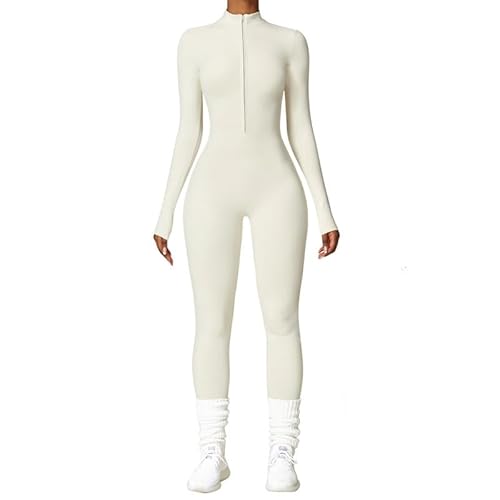 Vmhkjo Jumpsuit Damen Lang Eng Thermo Langarm Reißverschluss Overall Einteiler Yoga Bodycon Bodysuit Slim Fit Warm Gefütterte Ganzkörperanzug,Beige,XL von Vmhkjo