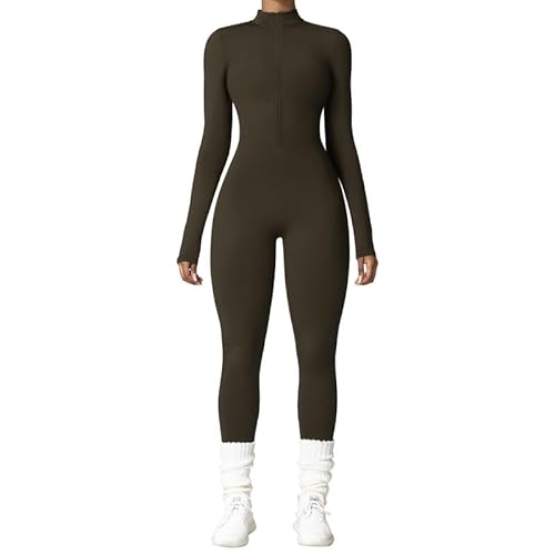Vmhkjo Jumpsuit Damen Lang Eng Thermo Langarm Reißverschluss Overall Einteiler Yoga Bodycon Bodysuit Slim Fit Warm Gefütterte Ganzkörperanzug,Braun,M von Vmhkjo