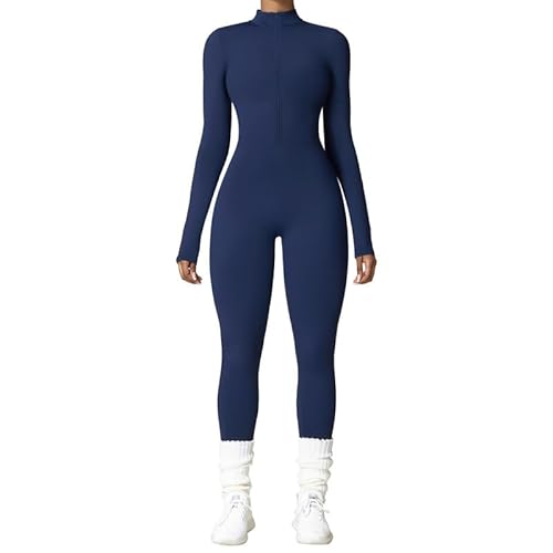 Vmhkjo Jumpsuit Damen Lang Eng Thermo Langarm Reißverschluss Overall Einteiler Yoga Bodycon Bodysuit Slim Fit Warm Gefütterte Ganzkörperanzug,Marineblau,S von Vmhkjo