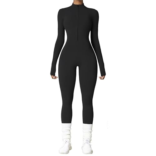 Vmhkjo Jumpsuit Damen Lang Eng Thermo Langarm Reißverschluss Overall Einteiler Yoga Bodycon Bodysuit Slim Fit Warm Gefütterte Ganzkörperanzug,Schwarz,XL von Vmhkjo