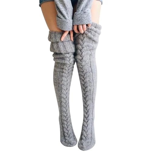 Vmhkjo Kniestrümpfe Damen Overknee Socken Winter Strick Strümpfe Warme Stiefelsocken Trachtenstrümpfe Beinwärmer Grobstrick Wintersocken Thermosocken,Grau von Vmhkjo