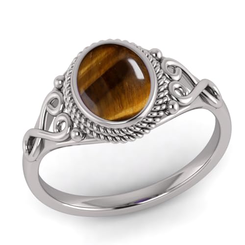 Vml Jewellers Ovale, mit Gelbgold plattierte Ringe mit Tigerauge-Edelsteinen – Gold-Rhodium-Braun-Tigerauge-Edelsteinring – Schmuck in Kathedralenfassung, Geschenk zum Muttertag, Claddagh-Ring von Vml Jewellers