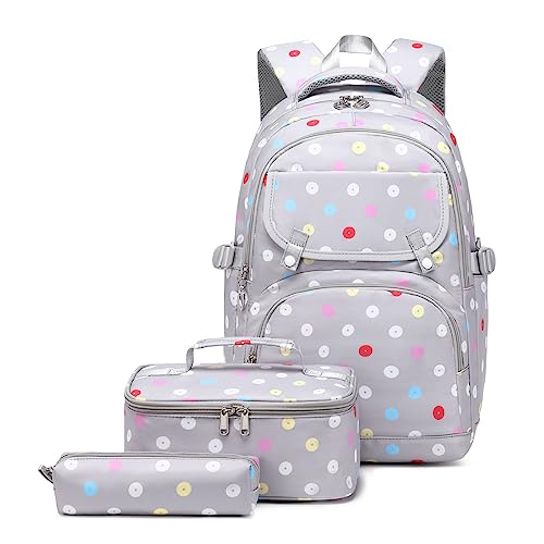 Vmokki 3 Set Schulrucksack + Kühltasche + Federmäppchen Mädchen Kinder Schule Rucksack Daypack Wasserdicht Groß Leichtgewicht (Grau) von Vmokki