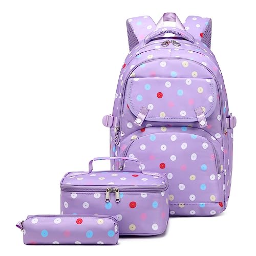 Vmokki 3 Set Schulrucksack + Kühltasche + Federmäppchen Mädchen Kinder Schule Rucksack Daypack Wasserdicht Groß Leichtgewicht (Lila) von Vmokki