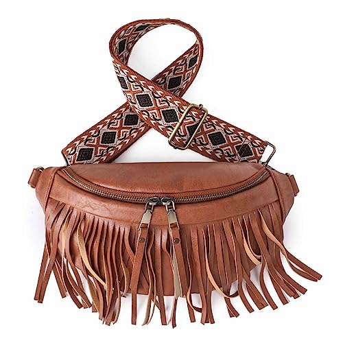 Vmokki Damen Brusttasche mit Abnehmbaren Fransen Klein Hüfttasche Schulterrucksack Daypack Crossbody mit Breitem Gurt Diebstahlsicher (Braun) von Vmokki