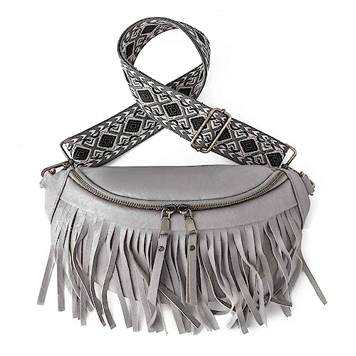 Vmokki Damen Brusttasche mit Abnehmbaren Fransen Klein Hüfttasche Schulterrucksack Daypack Crossbody mit Breitem Gurt Diebstahlsicher (Grau) von Vmokki