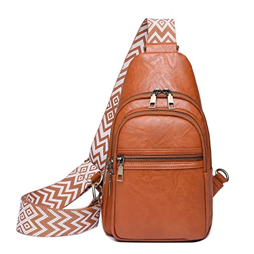 Vmokki Damen Sling Rucksack mit Fashion Breitem Gurt Schulterrucksack Brusttasche Crossbody Bag Frauen Elegant Umhängetasche Daypack aus PU Leder (Braun) von Vmokki