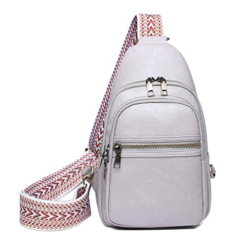 Vmokki Damen Sling Rucksack mit Fashion Breitem Gurt Schulterrucksack Brusttasche Crossbody Bag Frauen Elegant Umhängetasche Daypack aus PU Leder (Grau) von Vmokki