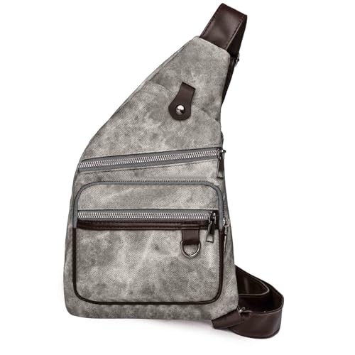 Vmokki PU Leder Brusttasche Anti Diebstahl Sling Bag Tasche Damen Herren Umhängetasche Crossbody Diebstahlschutz Wasserdicht Vintage (Grau) von Vmokki