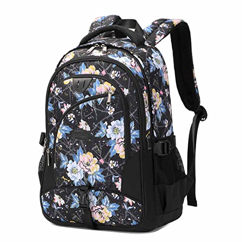 Vmokki Rucksack Damen Herren 15,6 Zoll Laptop Daypack Schulrucksack mit 3 Fächern Wasserfest Groß Schulranzen Mädchen Jungen Blumen (Blumenmuster Schwarz) von Vmokki