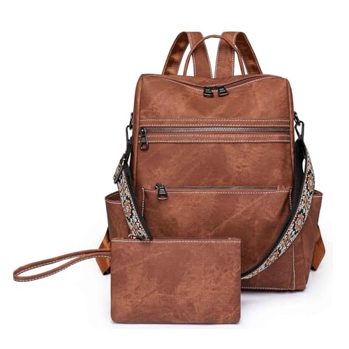 Vmokki Rucksack mit Geldbörse Damen Schultertasche Handtasche aus Kunstleder Anti Diebstahl Elegant Rucksacktasche Daypack (Braun) von Vmokki