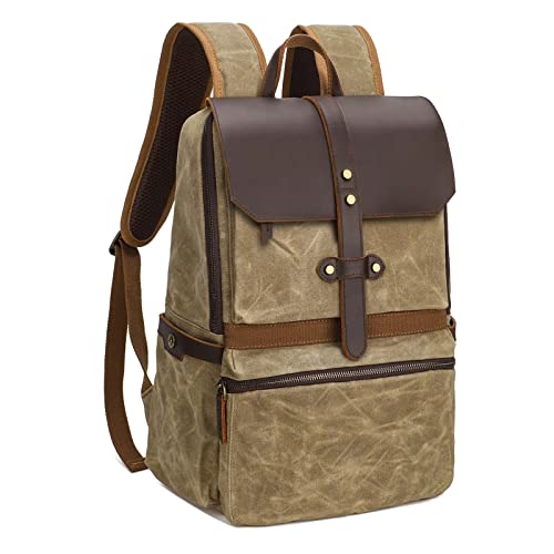 Vmokki Wanderrucksack 15,6 Zoll Laptop Rucksack Schulrucksack Wasserdicht Anti Diebstahl Groß Vintage Echtleder Canvas Herren Damen Outdoor Uni Reise Wandern Schule (Khaki) von Vmokki