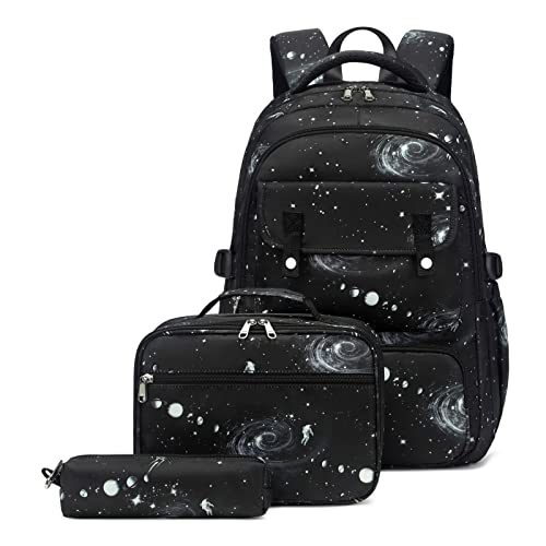 Vmokki Weltall Muster Schulrucksack & Kühltasche & Federmäppchen Wasserdicht Leicht Groß Schultaschen Schule Rucksack Mädchen Jungen Kinder (Schwarz) von Vmokki