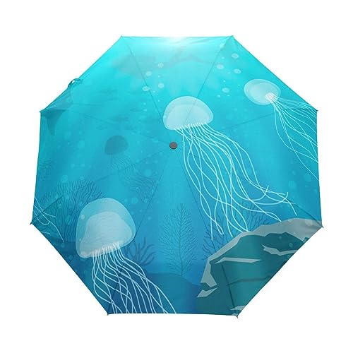 Blaue Meeresqualle Regenschirm Taschenschirm Kinder Jungen Mädchen UV-Schutz Auf-Zu Automatik Umbrella Verstärkt Winddichte Zusammenklappbar von Vnurnrn