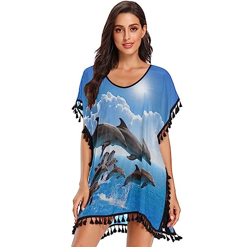 Blaue Sonne Delfin Sonnenwasser Damen Strandkleid Bikini Cover Up Sommer Chiffon Bademode Strand Vertuschen Shirt von Vnurnrn