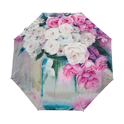 Blumen Rosa Wasserfarbe Regenschirm Taschenschirm Kinder Jungen Mädchen UV-Schutz Auf-Zu Automatik Umbrella Verstärkt Winddichte Zusammenklappbar von Vnurnrn