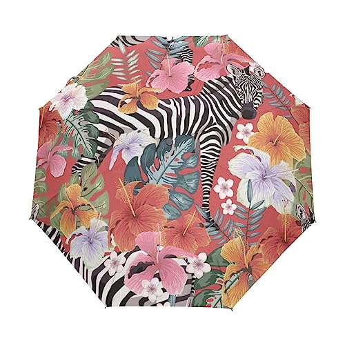 Blumen Tropische Palmen Zebras Regenschirm Taschenschirm Kinder Jungen Mädchen UV-Schutz Auf-Zu Automatik Umbrella Verstärkt Winddichte Zusammenklappbar von Vnurnrn